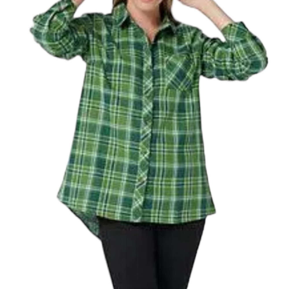 Isaac Mizrahi Green Grunge Plaid Button Down Flannel Shirt EUC sz 18W